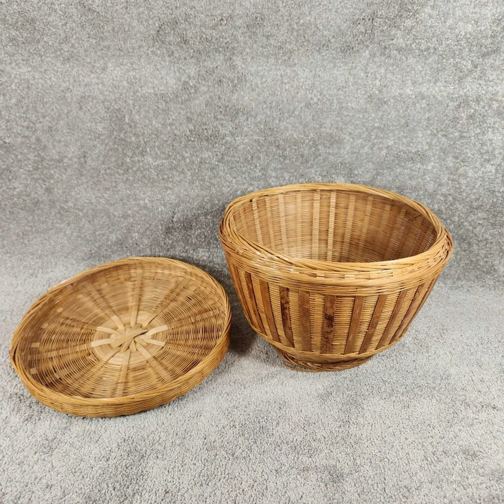 Woven Bamboo Basket Natural Tan Lidded Round Boho Storage Decor